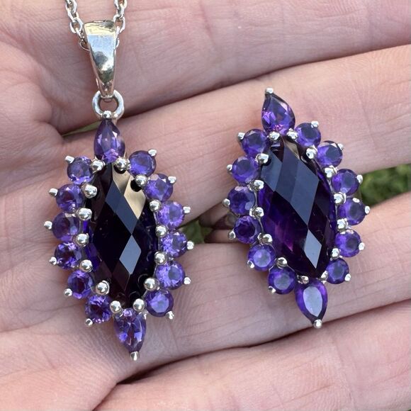 SI Jewelry - Vintage Estate Amethyst Pendant & Ring Set 925 Sterling Silver Marquise Size 9
